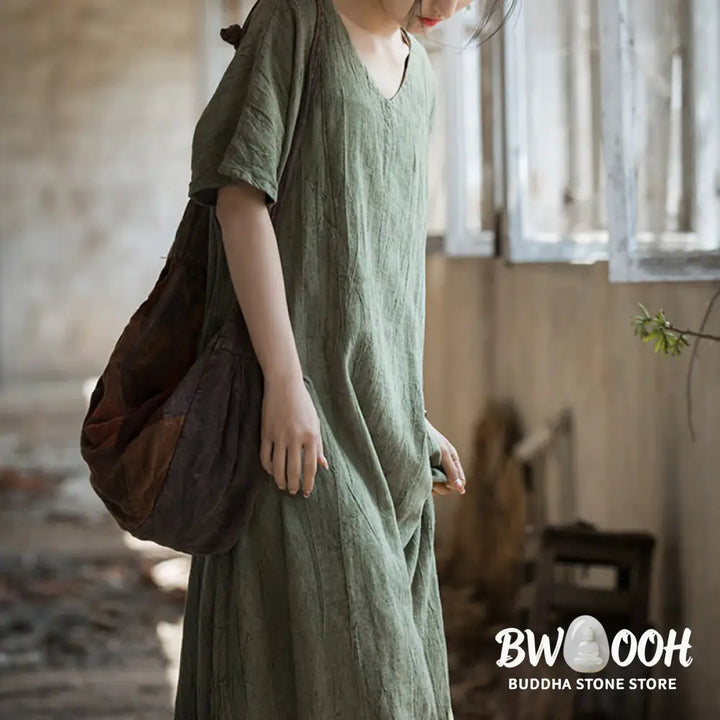 Buddha Stones Handmade Tie Dye V-Neck Midi Dress Linen Short Sleeve Dress - Midi Dress