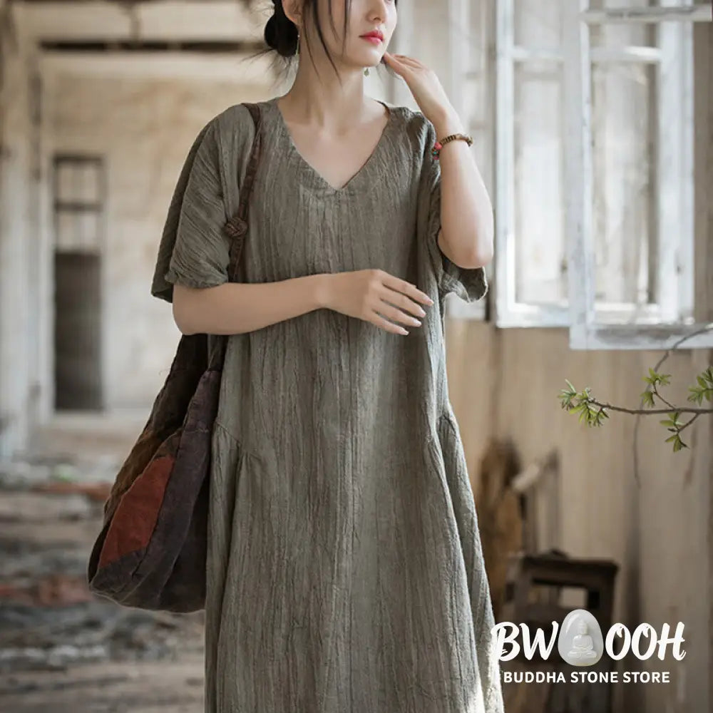 Buddha Stones Handmade Tie Dye V-Neck Midi Dress Linen Short Sleeve Dress - Midi Dress