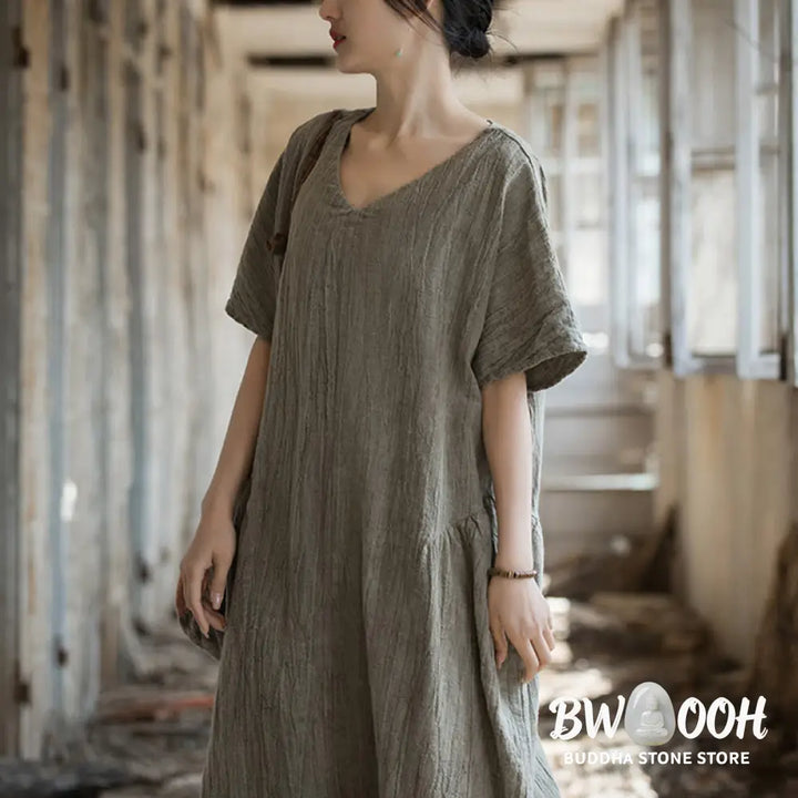Buddha Stones Handmade Tie Dye V-Neck Midi Dress Linen Short Sleeve Dress - Midi Dress