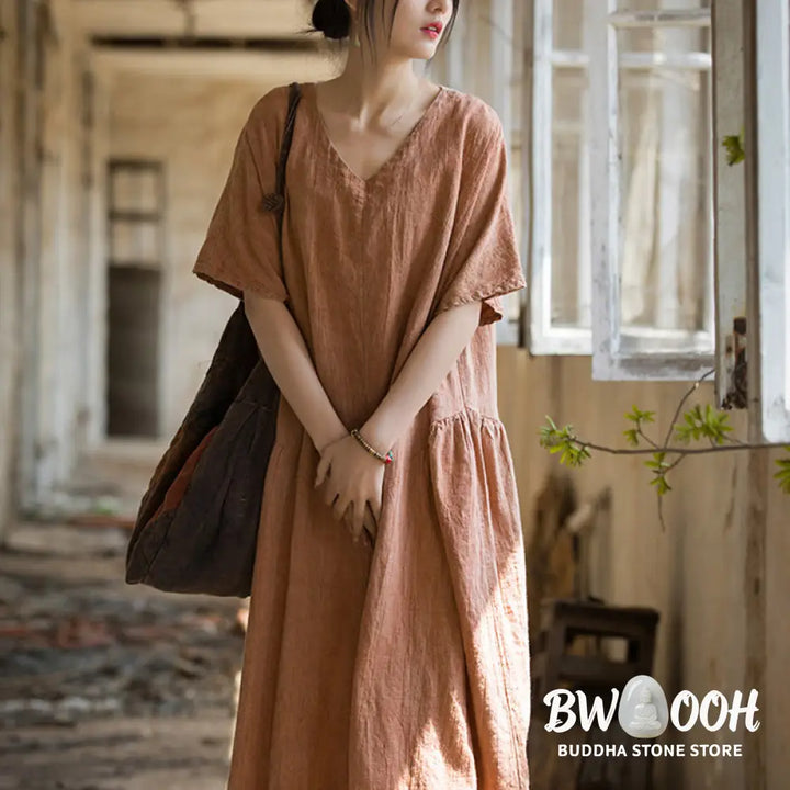 Buddha Stones Handmade Tie Dye V-Neck Midi Dress Linen Short Sleeve Dress - Midi Dress