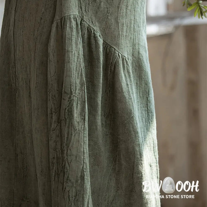 Buddha Stones Handmade Tie Dye V-Neck Midi Dress Linen Short Sleeve Dress - Midi Dress