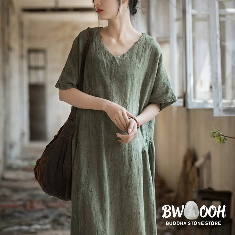Buddha Stones Handmade Tie Dye V-Neck Midi Dress Linen Short Sleeve Dress - Midi Dress