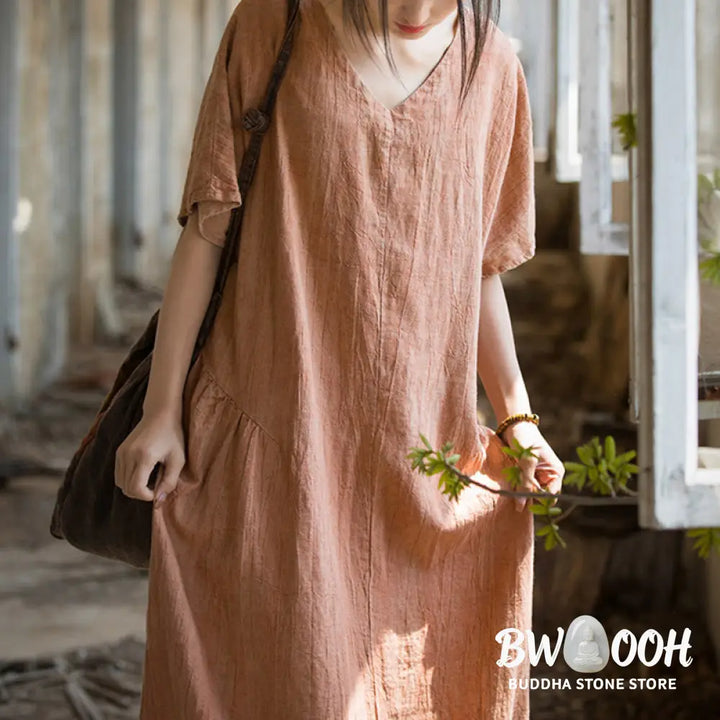 Buddha Stones Handmade Tie Dye V-Neck Midi Dress Linen Short Sleeve Dress - Midi Dress
