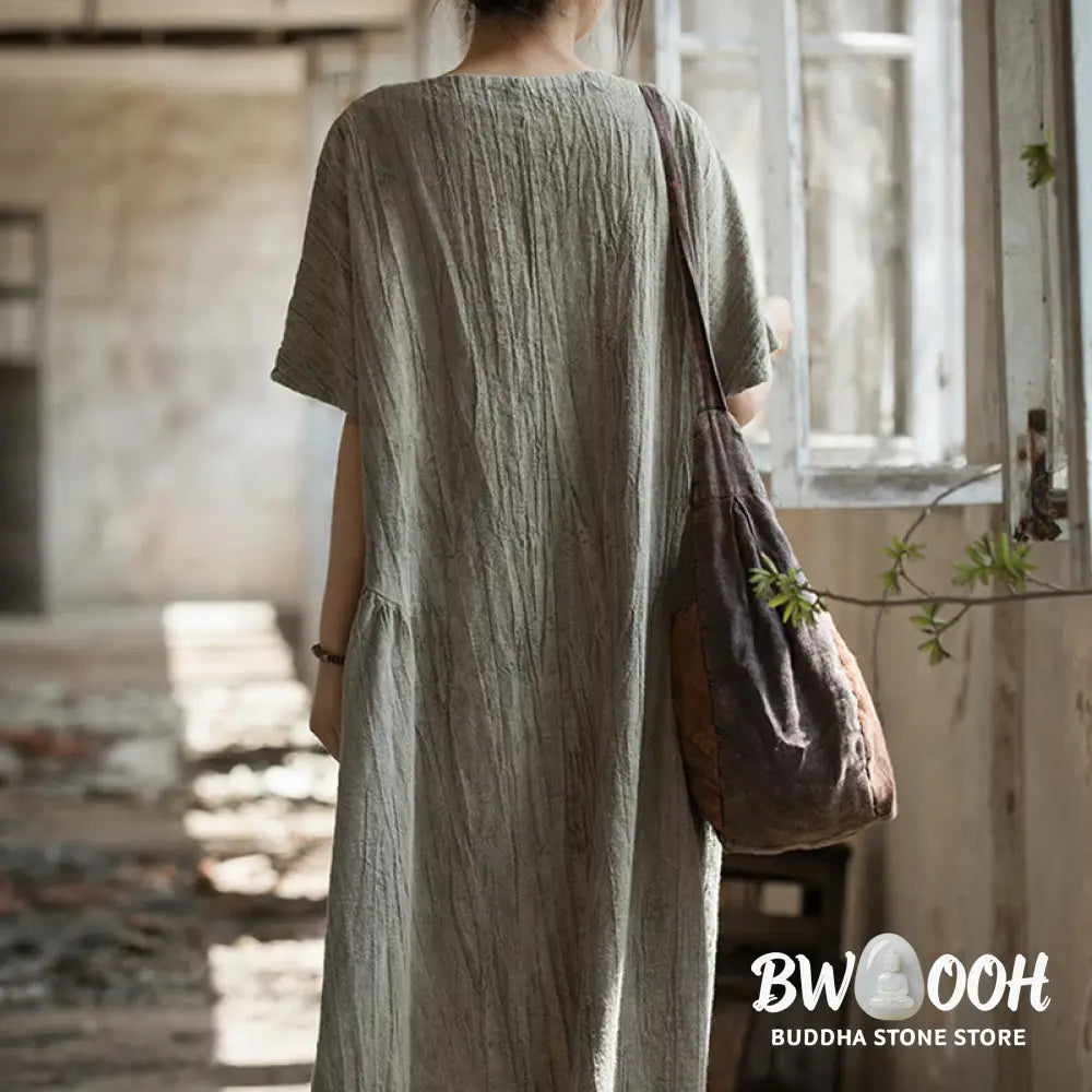 Buddha Stones Handmade Tie Dye V-Neck Midi Dress Linen Short Sleeve Dress - Midi Dress