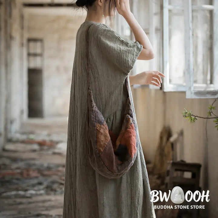 Buddha Stones Handmade Tie Dye V-Neck Midi Dress Linen Short Sleeve Dress - Midi Dress