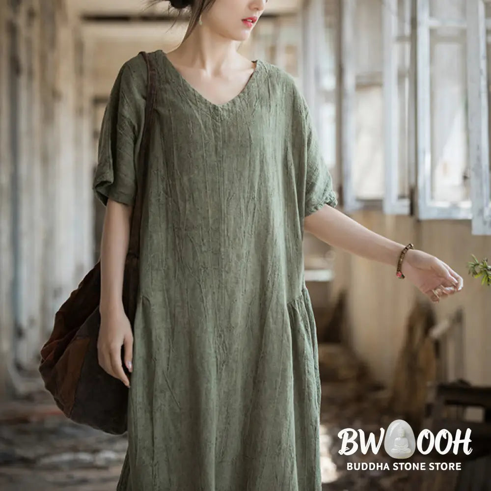 Buddha Stones Handmade Tie Dye V-Neck Midi Dress Linen Short Sleeve Dress - Midi Dress