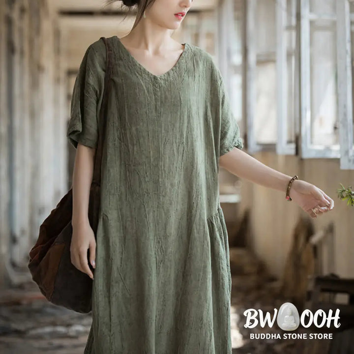 Buddha Stones Handmade Tie Dye V-Neck Midi Dress Linen Short Sleeve Dress - Midi Dress