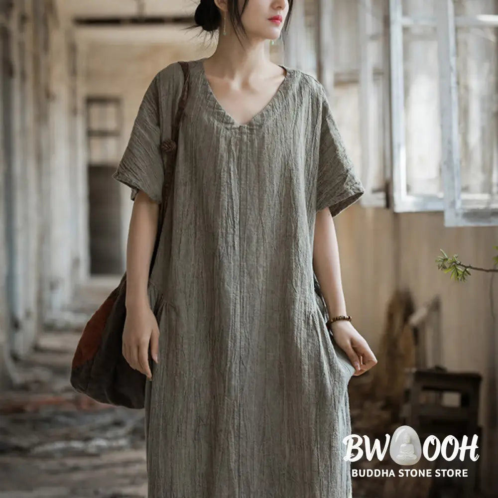 Buddha Stones Handmade Tie Dye V-Neck Midi Dress Linen Short Sleeve Dress - Midi Dress