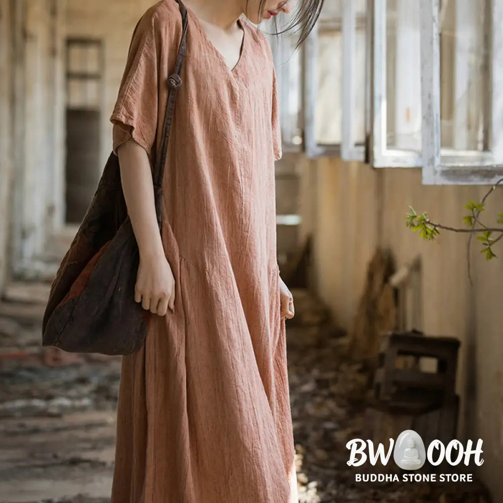 Buddha Stones Handmade Tie Dye V-Neck Midi Dress Linen Short Sleeve Dress - Midi Dress