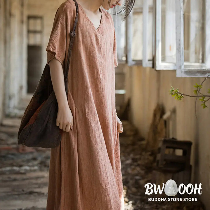 Buddha Stones Handmade Tie Dye V-Neck Midi Dress Linen Short Sleeve Dress - Midi Dress