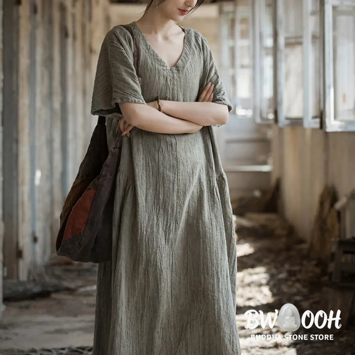 Buddha Stones Handmade Tie Dye V-Neck Midi Dress Linen Short Sleeve Dress - Midi Dress
