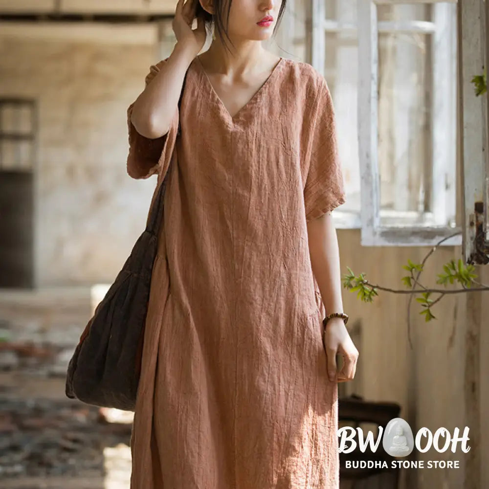 Buddha Stones Handmade Tie Dye V-Neck Midi Dress Linen Short Sleeve Dress - Midi Dress