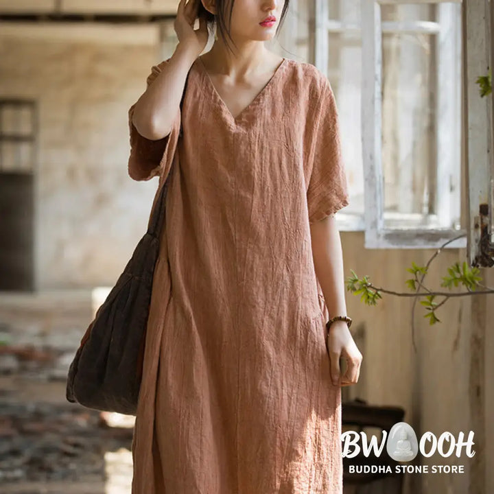 Buddha Stones Handmade Tie Dye V-Neck Midi Dress Linen Short Sleeve Dress - Midi Dress