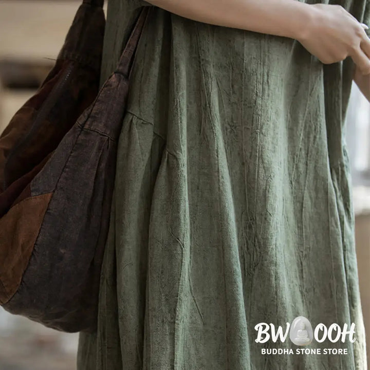 Buddha Stones Handmade Tie Dye V-Neck Midi Dress Linen Short Sleeve Dress - Midi Dress