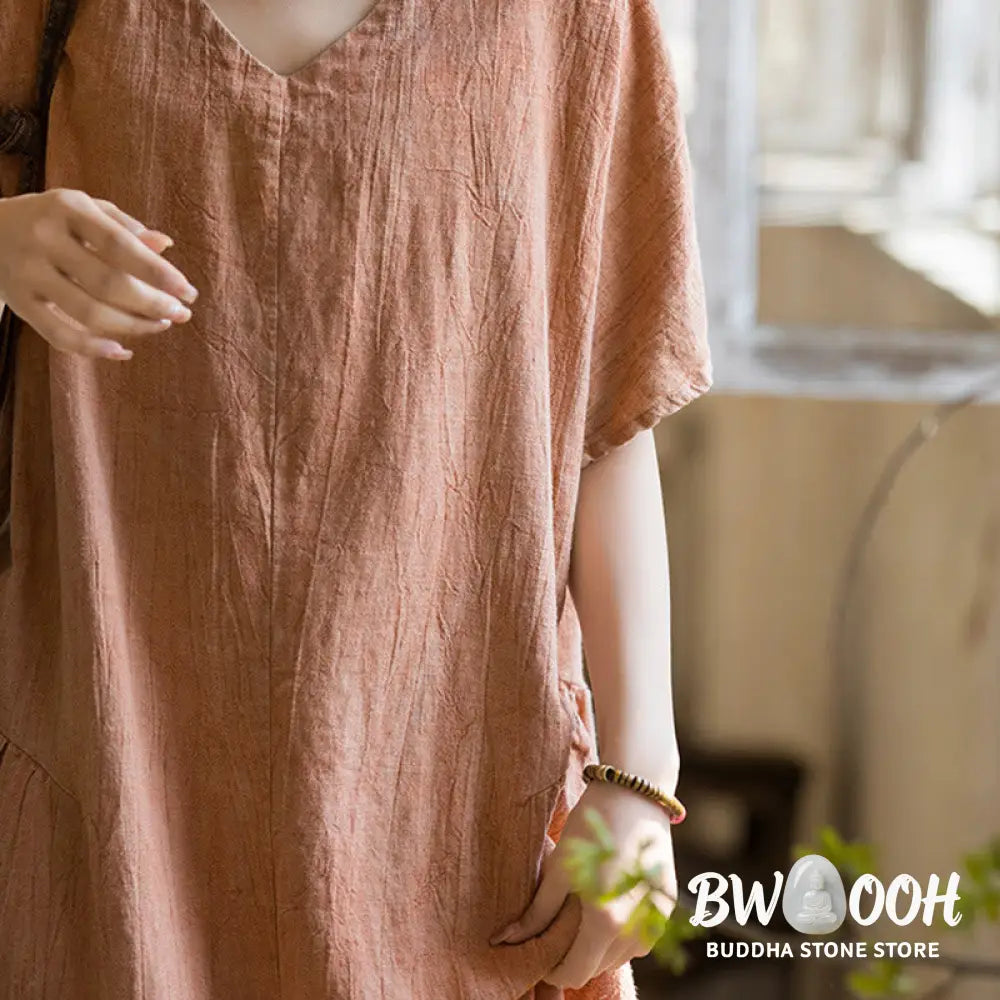 Buddha Stones Handmade Tie Dye V-Neck Midi Dress Linen Short Sleeve Dress - Midi Dress
