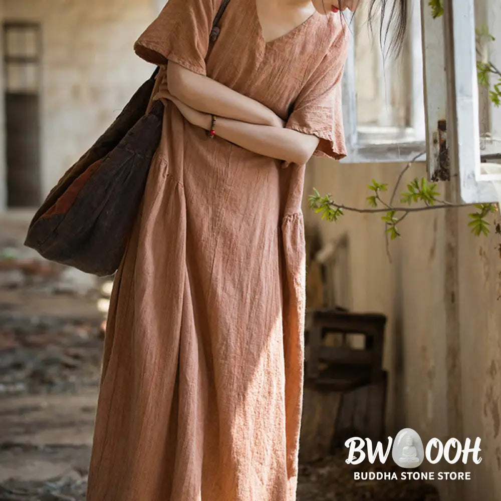 Buddha Stones Handmade Tie Dye V-Neck Midi Dress Linen Short Sleeve Dress - Midi Dress