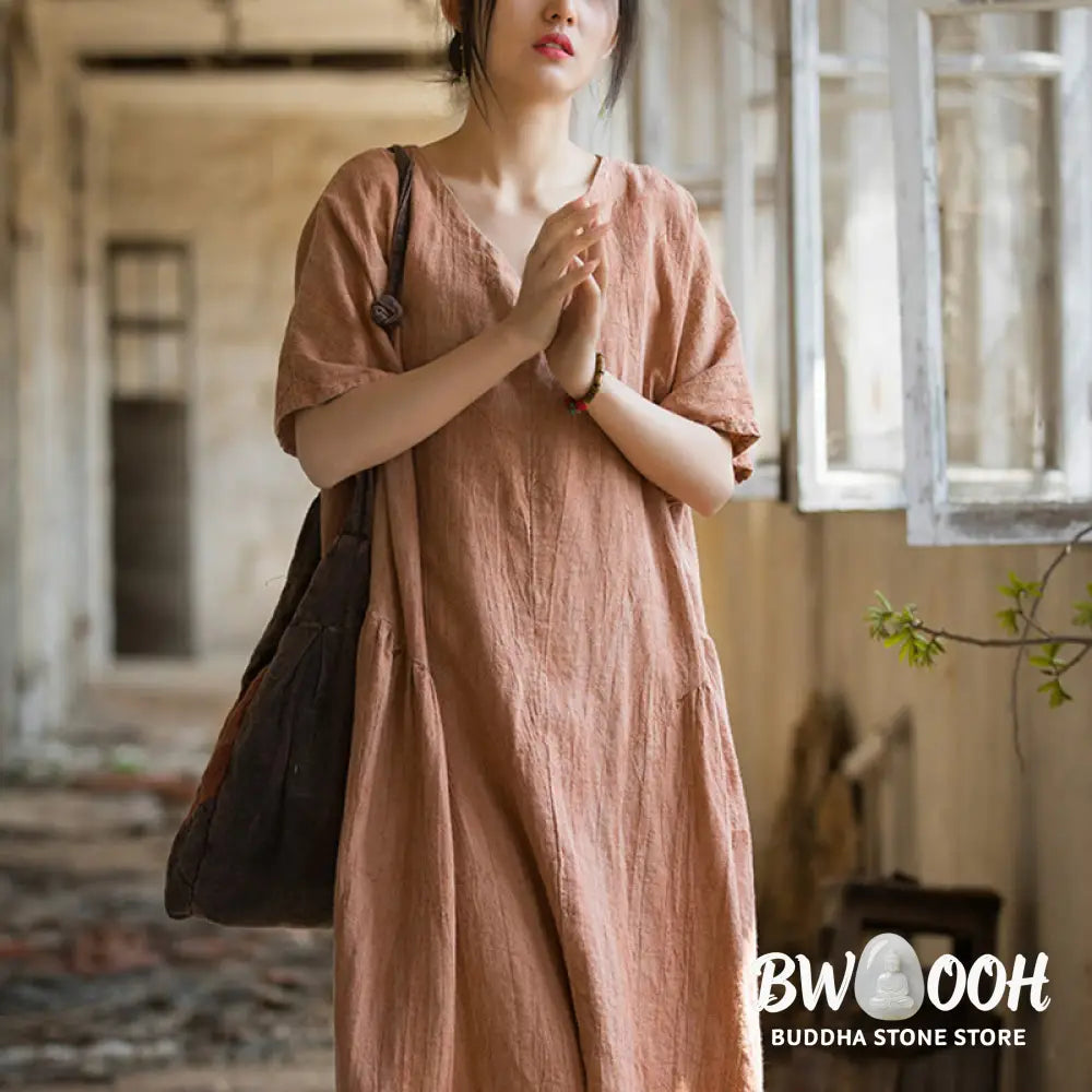 Buddha Stones Handmade Tie Dye V-Neck Midi Dress Linen Short Sleeve Dress - Midi Dress