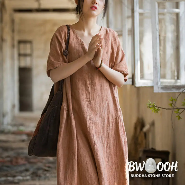Buddha Stones Handmade Tie Dye V-Neck Midi Dress Linen Short Sleeve Dress - Midi Dress