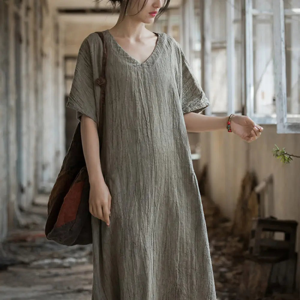 Buddha Stones Handmade Tie Dye V-Neck Midi Dress Linen Short Sleeve Dress - Beige(Bust 120cm/Length 120cm)(Dress Only)