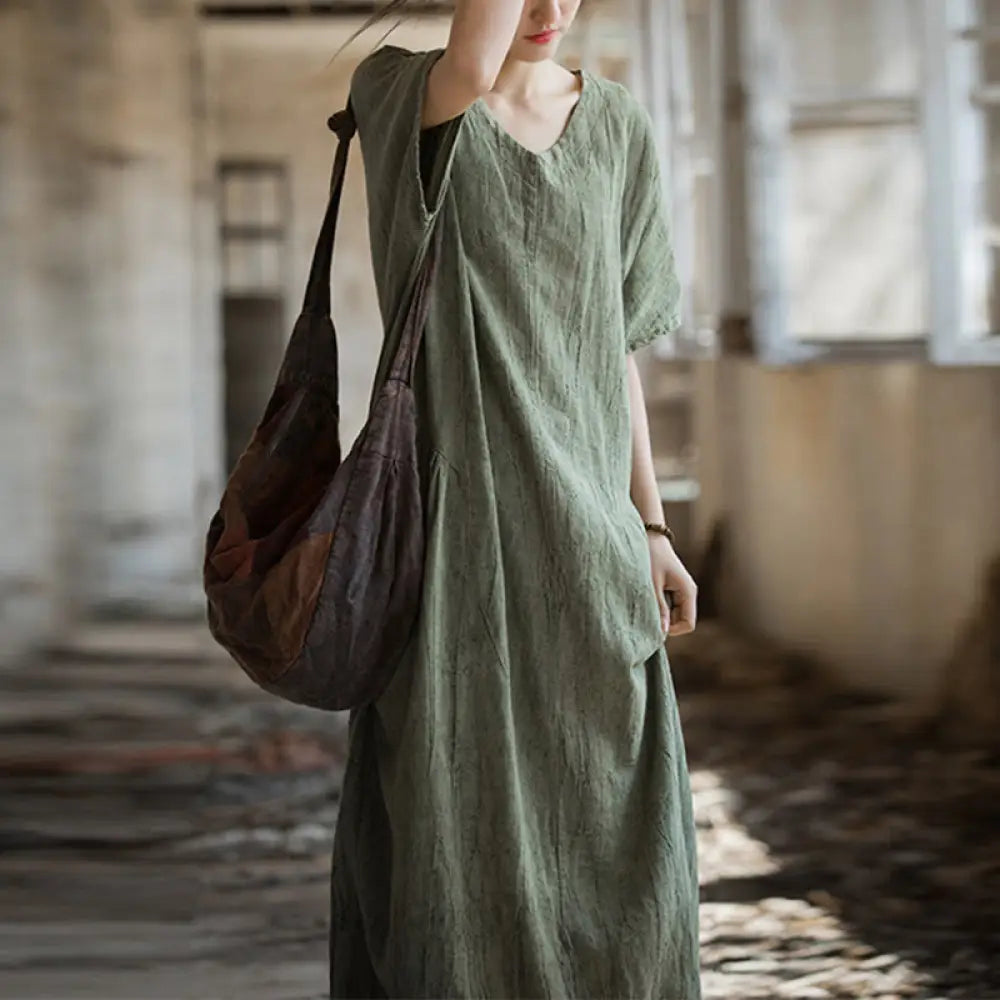 BWOOOH Handmade Tie Dye V-Neck Midi Dress Linen Short Sle