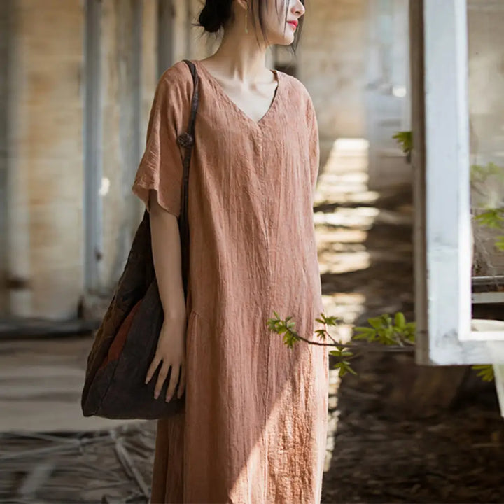 Buddha Stones Handmade Tie Dye V-Neck Midi Dress Linen Short Sleeve Dress - Orange(Bust 120cm/Length 120cm)(Dress Only)