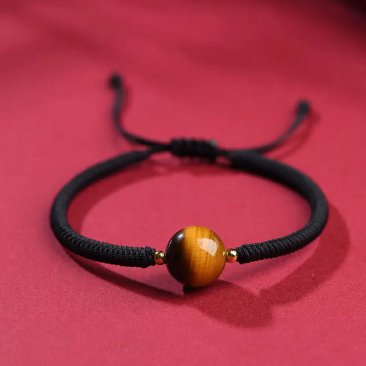 Buddha Stones Handmade Tiger Eye Bead Luck Protection Rope Bracelet - Black Rope / 10mm One Bead / 14-17cm - Bracelet