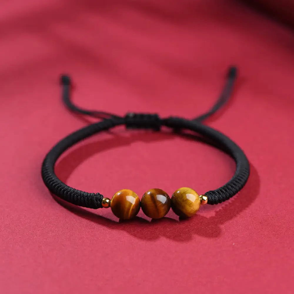 Buddha Stones Handmade Tiger Eye Bead Luck Protection Rope Bracelet - Black Rope / 8mm Three Beads / 14-17cm - Bracelet