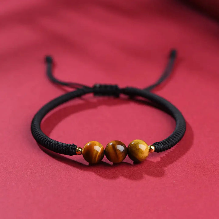 Buddha Stones Handmade Tiger Eye Bead Luck Protection Rope Bracelet - Black Rope / 8mm Three Beads / 14-17cm - Bracelet