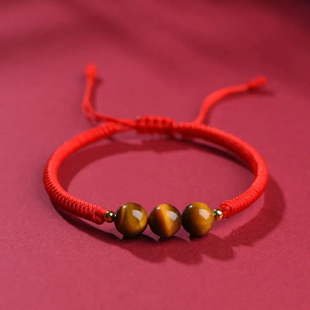 Buddha Stones Handmade Tiger Eye Bead Luck Protection Rope Bracelet - Red Rope / 8mm Three Beads / 14-17cm - Bracelet