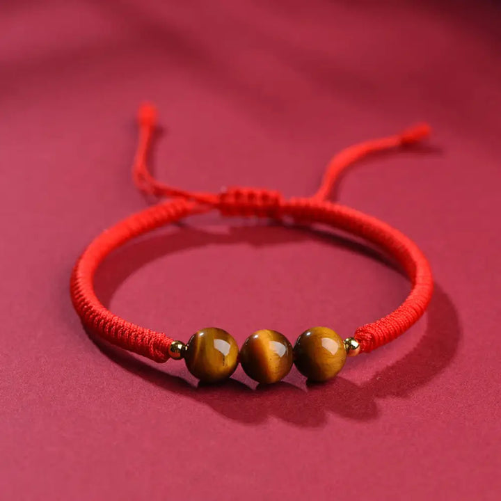 Buddha Stones Handmade Tiger Eye Bead Luck Protection Rope Bracelet - Red Rope / 8mm Three Beads / 14-17cm - Bracelet