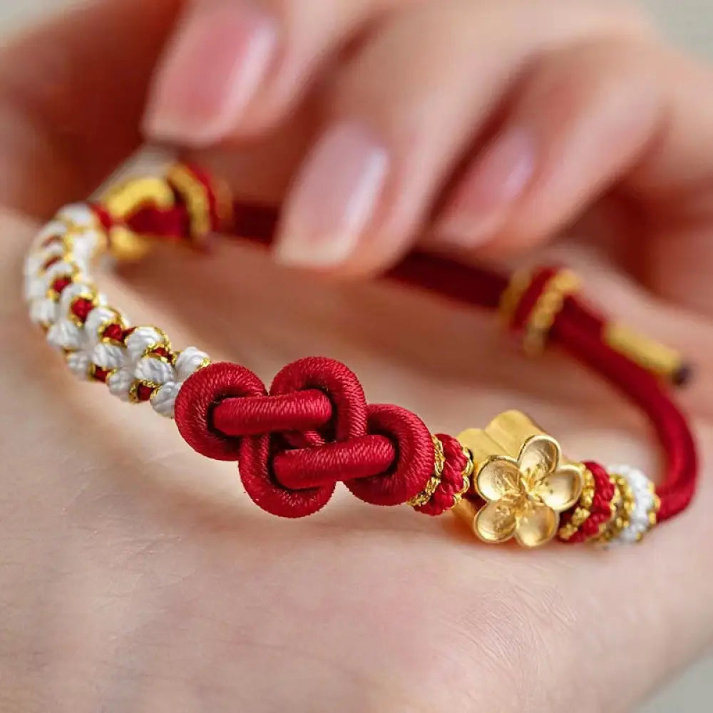 Buddha Stones Handmade True Love Knot Peach Blossom Charm Luck Rope Bracelet - True Love Knot&Gold Peach Blossom(Wrist