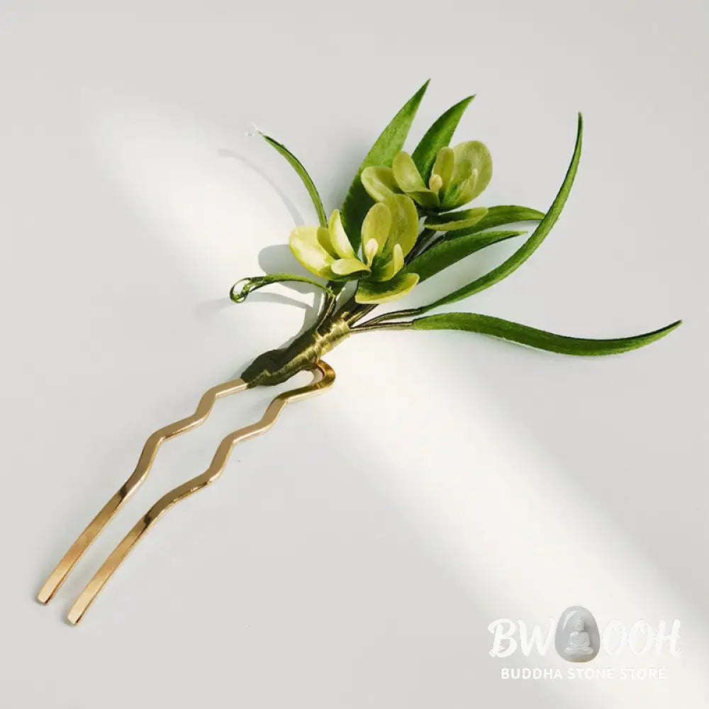 Buddha Stones Handmade Velvet Flower Mulberry Silk Green Flowers Leaves Brooch Hairpin - Brooch &amp; Hair Accessory
