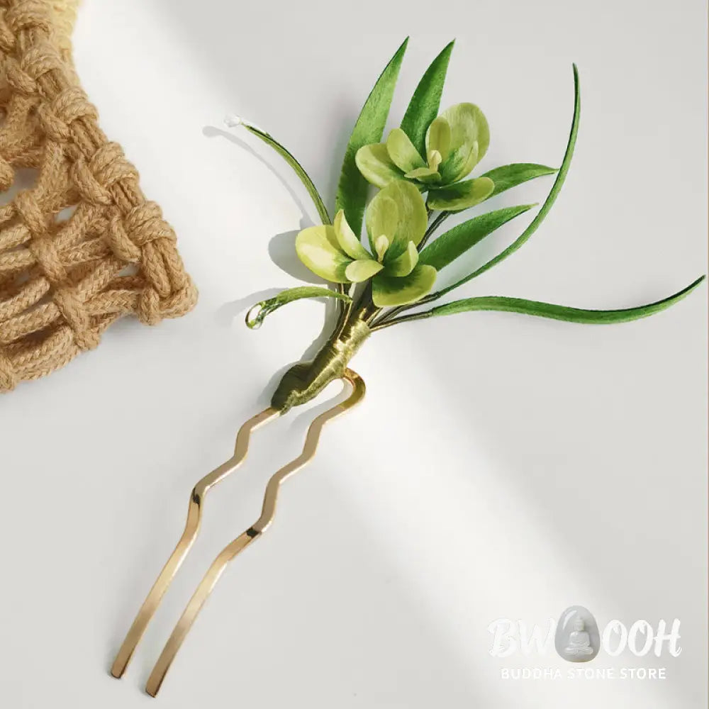 Buddha Stones Handmade Velvet Flower Mulberry Silk Green Flowers Leaves Brooch Hairpin - Brooch &amp; Hair Accessory