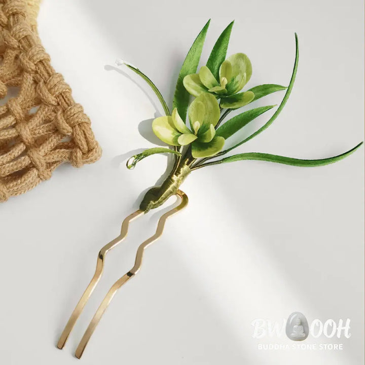Buddha Stones Handmade Velvet Flower Mulberry Silk Green Flowers Leaves Brooch Hairpin - Brooch &amp; Hair Accessory