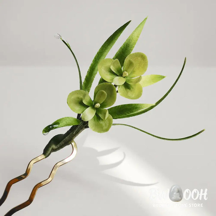 Buddha Stones Handmade Velvet Flower Mulberry Silk Green Flowers Leaves Brooch Hairpin - Brooch &amp; Hair Accessory