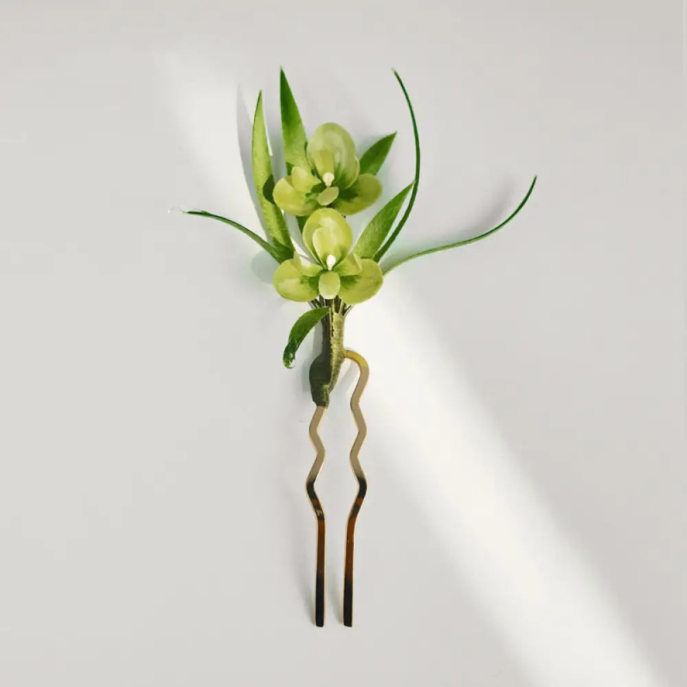 Buddha Stones Handmade Velvet Flower Mulberry Silk Green Flowers Leaves Brooch Hairpin - U Shape Hairpin - Brooch &amp;