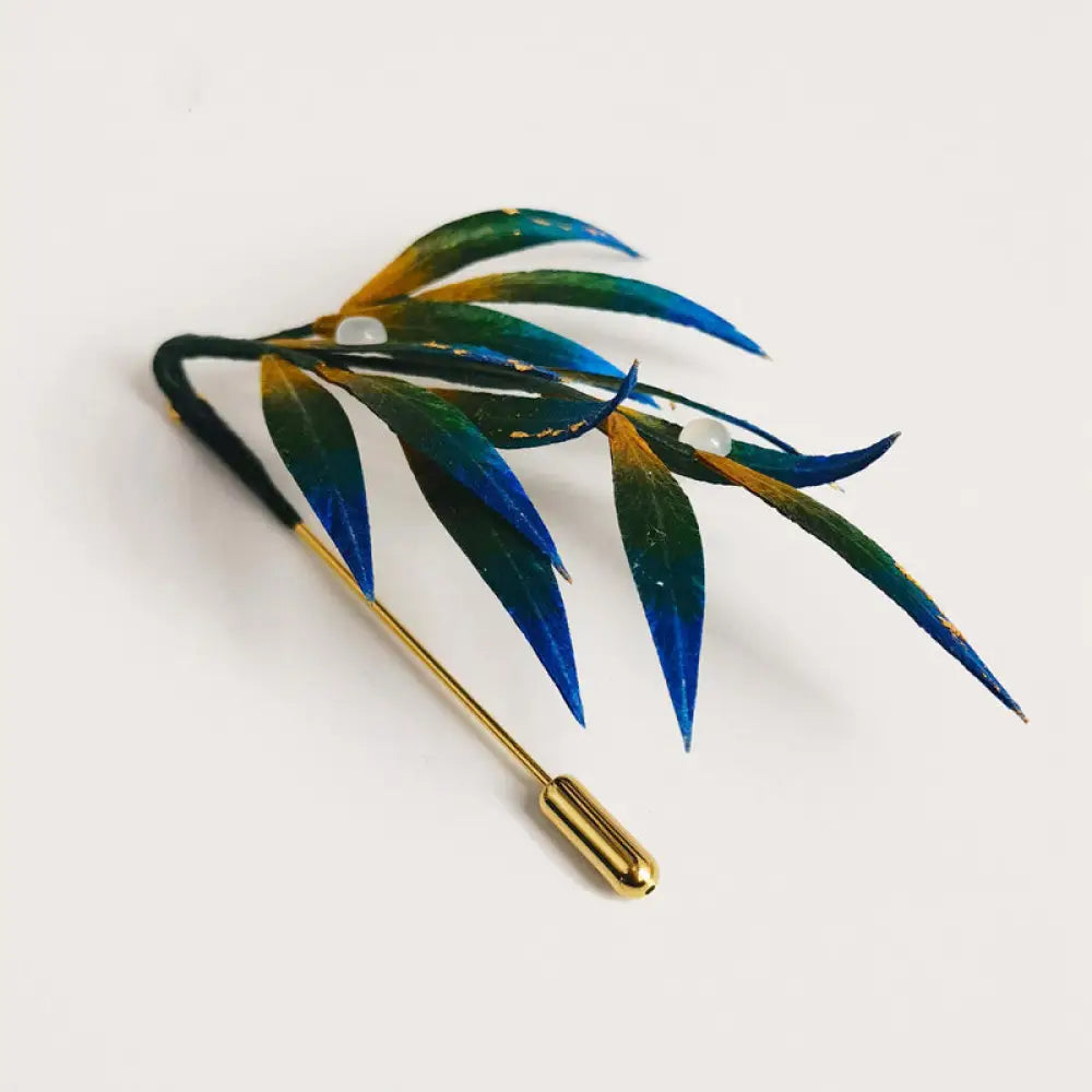 Buddha Stones Handmade Velvet Flower Mulberry Silk Green Yellow Blue Leaves Brooch - Leaves - Brooch