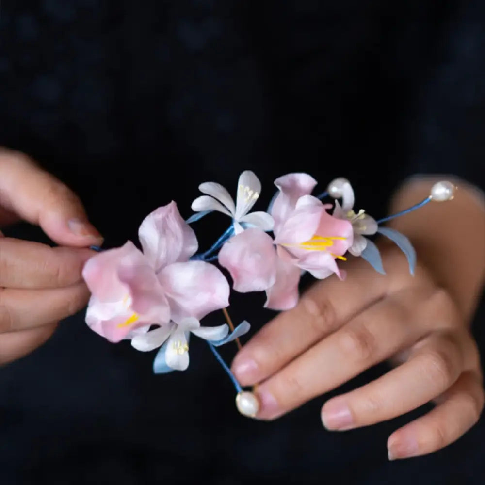 Buddha Stones Handmade Velvet Flower Mulberry Silk Pink Iris Vine Brooch Hairpin - Hairpin - Brooch &amp; Hairpin