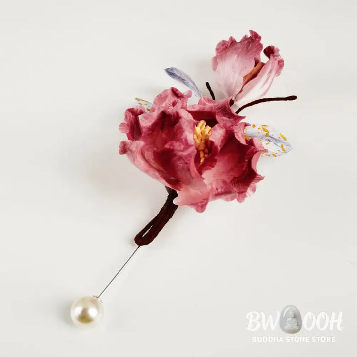 Buddha Stones Handmade Velvet Flower Mulberry Silk Red Flower Brooch - Red Flower - Brooch
