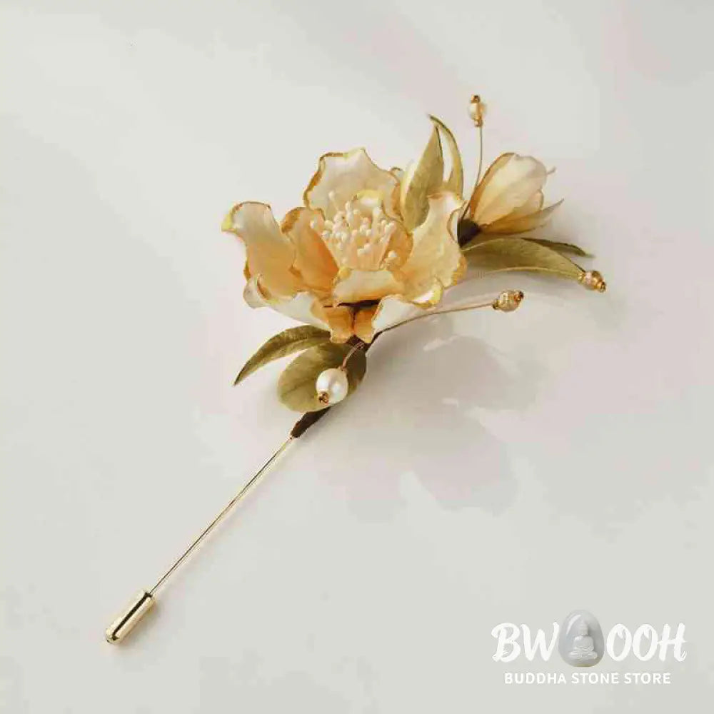 Buddha Stones Handmade Velvet Flower Mulberry Silk White Camellia Brooch - White Camellia - Brooch