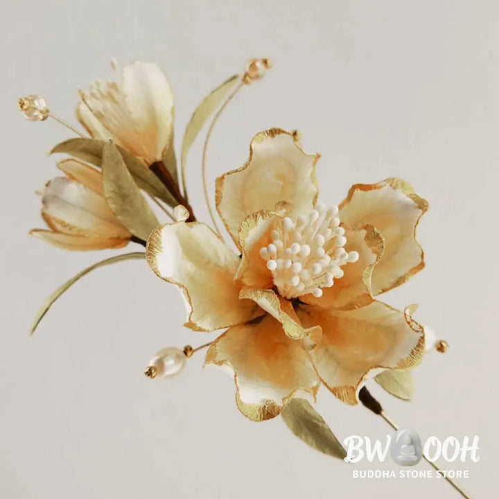 Buddha Stones Handmade Velvet Flower Mulberry Silk White Camellia Brooch - White Camellia - Brooch
