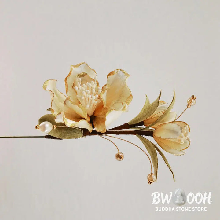 Buddha Stones Handmade Velvet Flower Mulberry Silk White Camellia Brooch - White Camellia - Brooch
