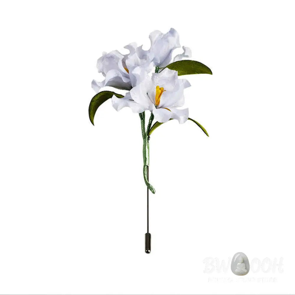 Buddha Stones Handmade Velvet Flower Mulberry Silk White Iris Flower Brooch - Iris Flower - Brooch