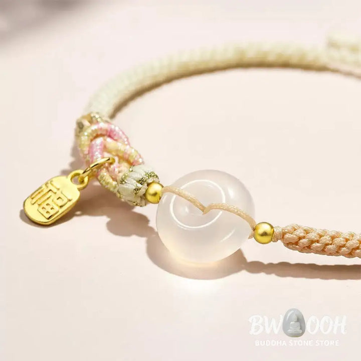 Buddha Stones Handmade White Agate Peace Buckle Luck Happiness Protection Weave String Bracelet - Bracelet