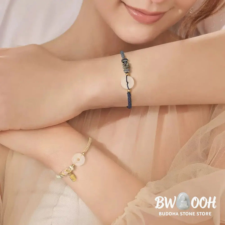 Buddha Stones Handmade White Agate Peace Buckle Luck Happiness Protection Weave String Bracelet - Bracelet