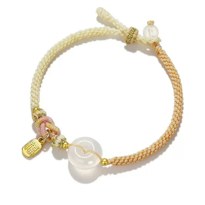 Buddha Stones Handmade White Agate Peace Buckle Luck Happiness Protection Weave String Bracelet - Beige - Bracelet