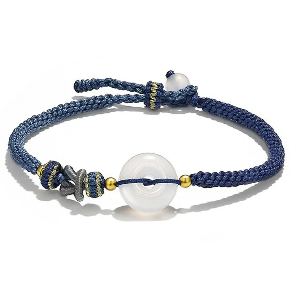 Buddha Stones Handmade White Agate Peace Buckle Luck Happiness Protection Weave String Bracelet - Blue - Bracelet