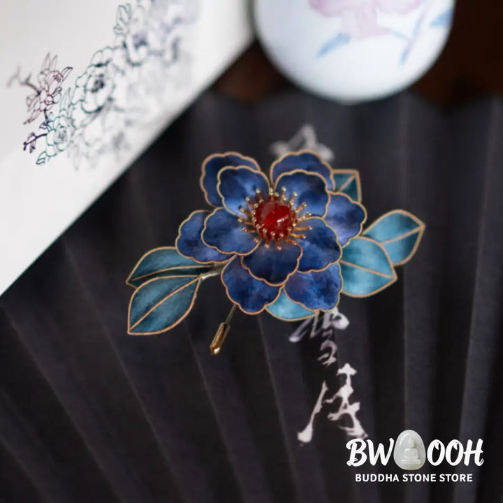 Buddha Stones Handmade Yangzhou Velvet Flower Mulberry Silk Blue Flowers Brooch - Brooch - Brooch