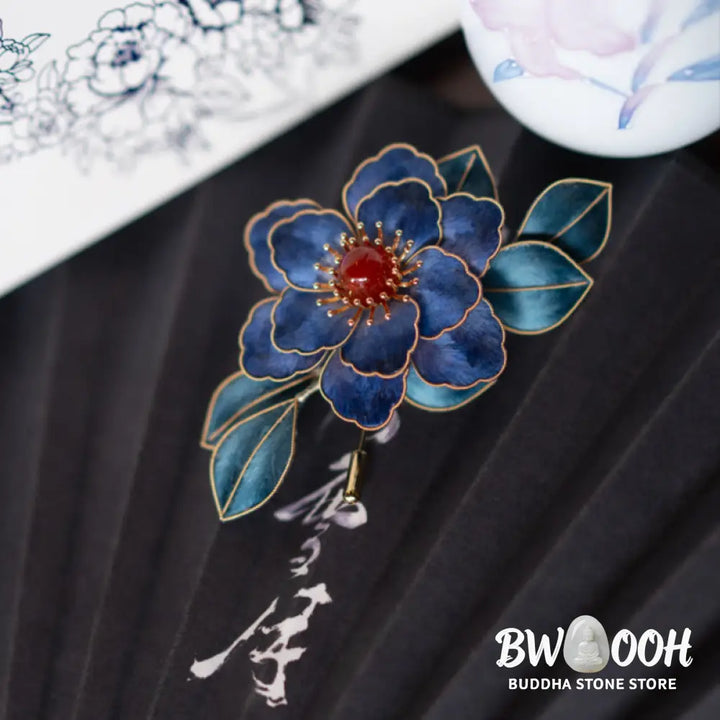 Buddha Stones Handmade Yangzhou Velvet Flower Mulberry Silk Blue Flowers Brooch - Brooch - Brooch