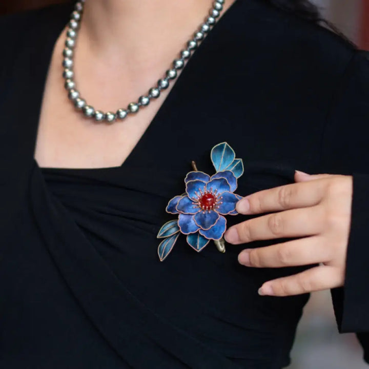Buddha Stones Handmade Yangzhou Velvet Flower Mulberry Silk Blue Flowers Brooch - Brooch - Brooch